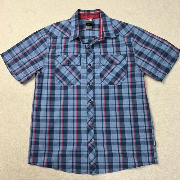THE NORTH FACE Shirt Mens Medium Red Blue Plaid Short Sleeve Snap Front Hiking - Picture 1 of 9